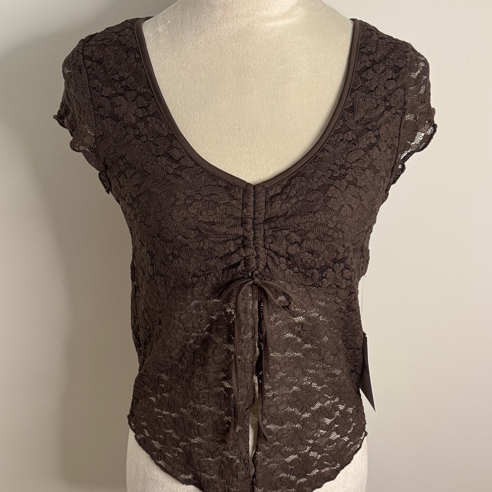 Elegant Lace V-Neck Blouse in Deep Brown